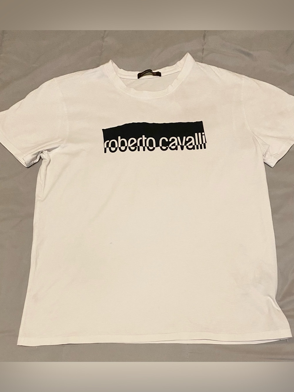 Roberto Cavalli White Short Sleeve Tee with Black Logo Block XL fits small